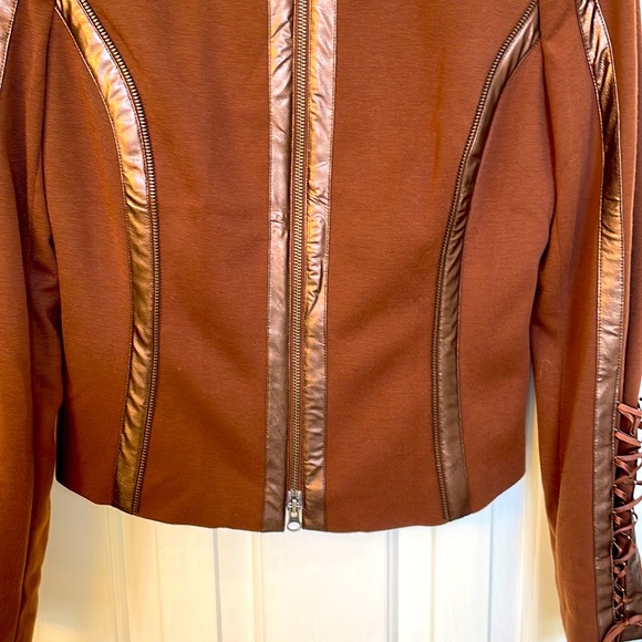 Caché Vintage Brown Zip-Up Jacket w/ Faux Leather Trim & Side-Lace Sleeves - Picture 3 of 11